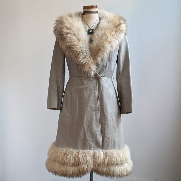 Vintage Jackets & Blazers - Vintage Leather Penny Lane Coat Grey Cream Fur Trim Trench Afghan Jacket Medium